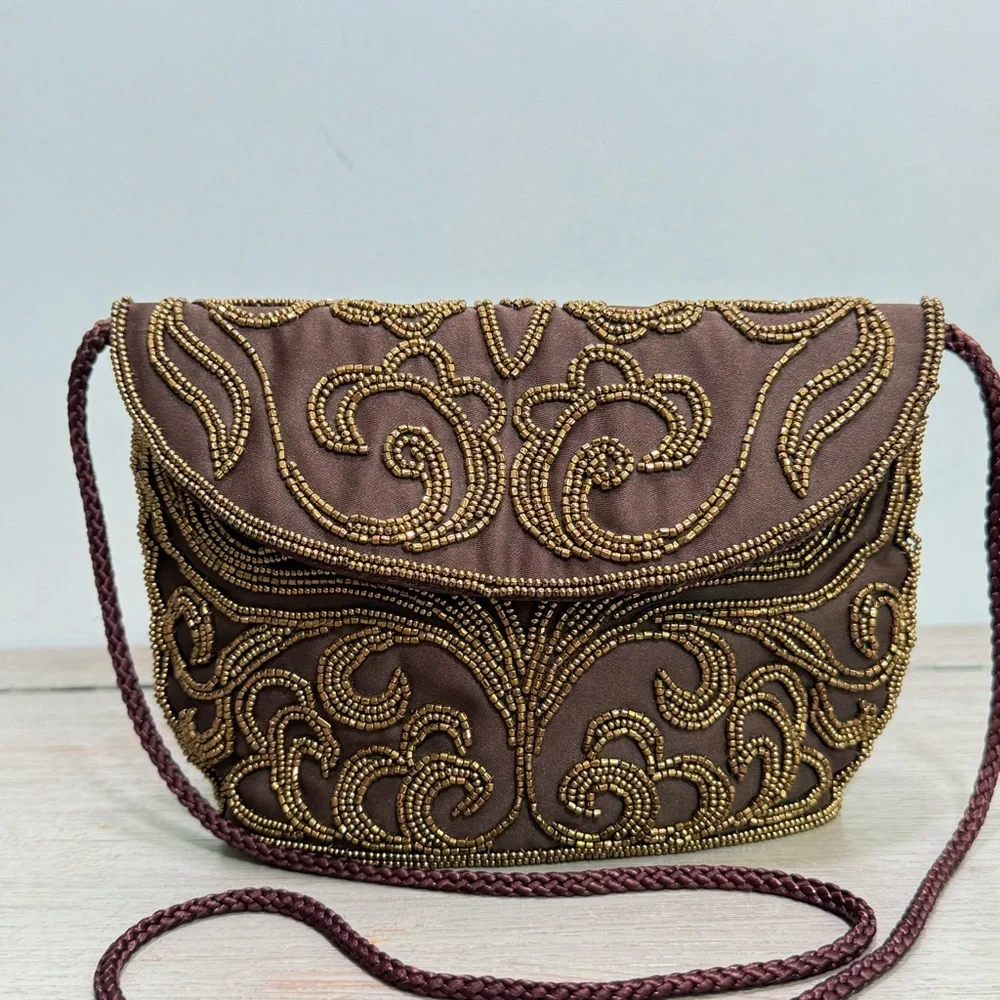 Vintage Walbaeg Beaded Brown Satin Evening Bag Dressy Formal Purse Crossbody‎